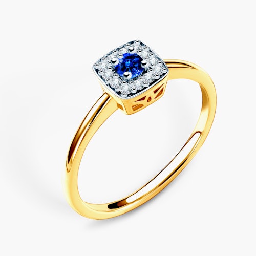 Pierścionek zaręczynowy SAVICKI: dwukolorowe złoto, niebieski szafir, diamenty